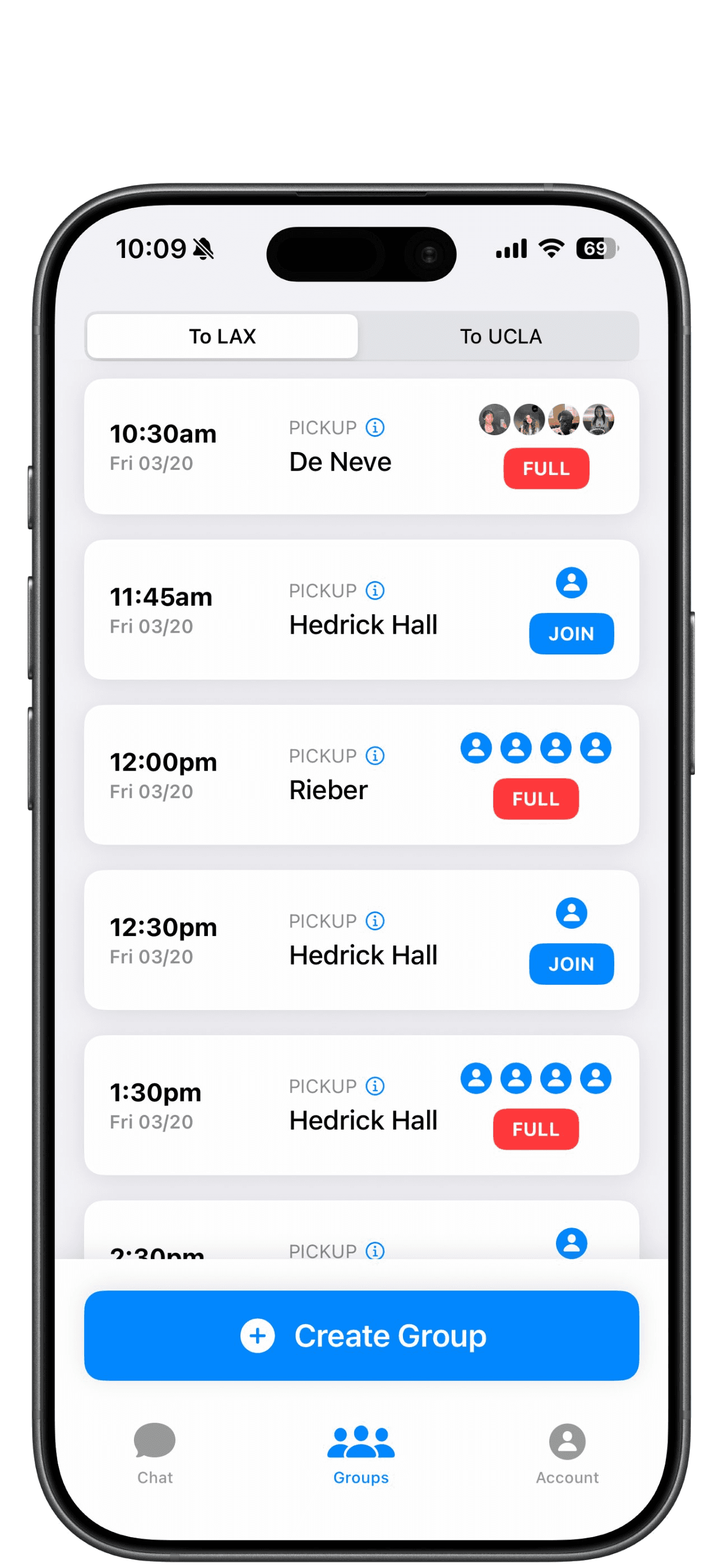 RydeMates app showing the carpool groups list
